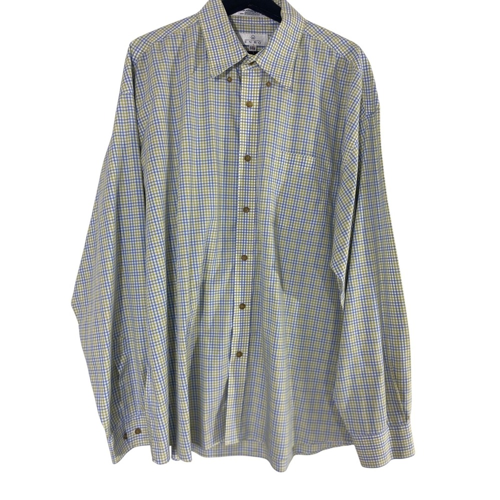 Enro Button Down Shirt Mens XXL Blue Green Excellent Non-Iron Poplin Check